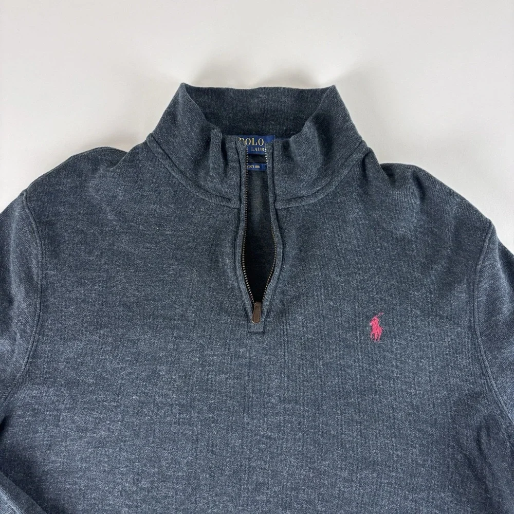 Polo Ralph Lauren Estate Rib Sweater Mens Large Navy Blue Tight Knit Quarter Zip